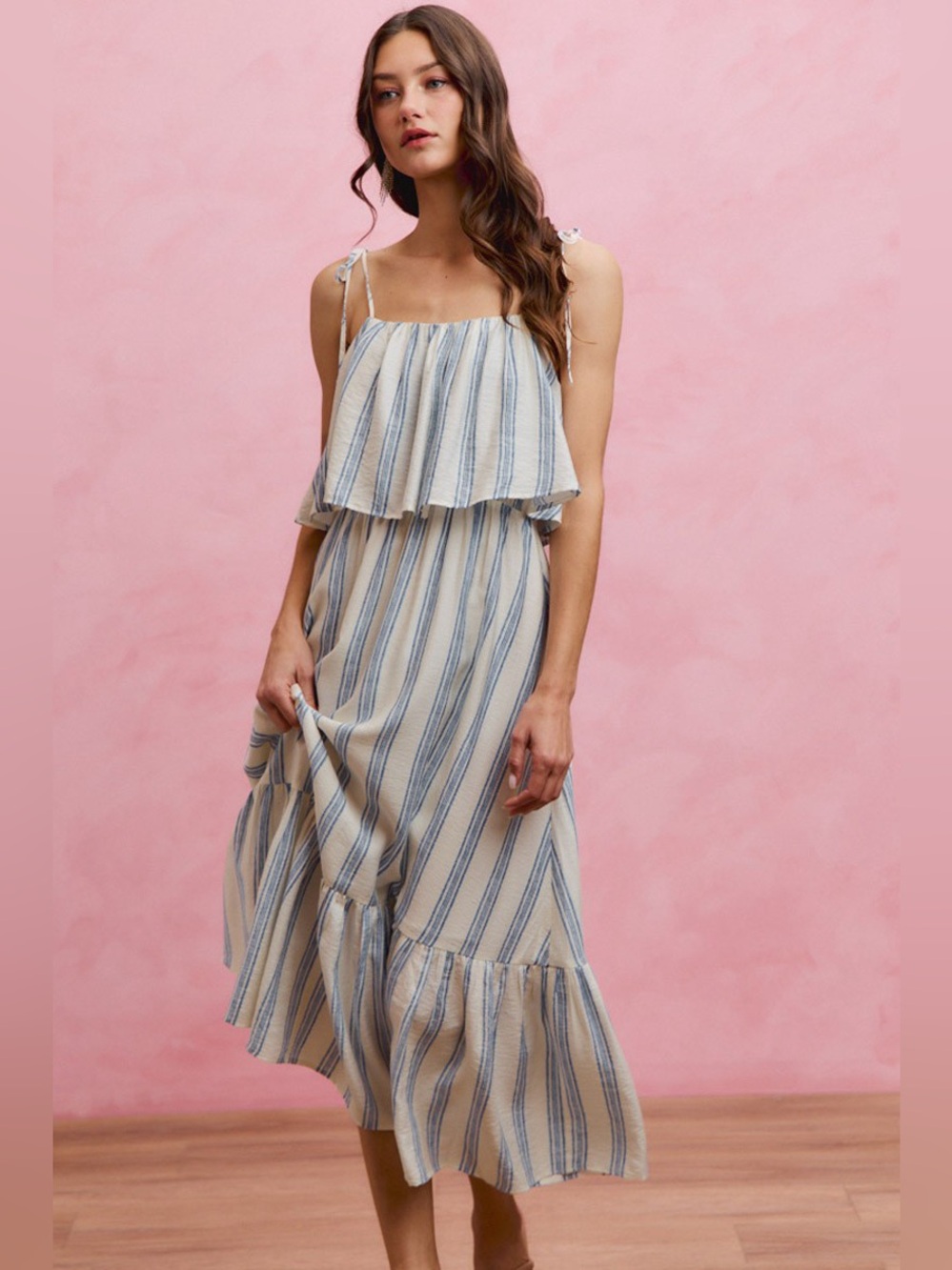 SO ME Stripe Tiered Shoulder Tie Midi Lined Dress - Picture 6 of 15